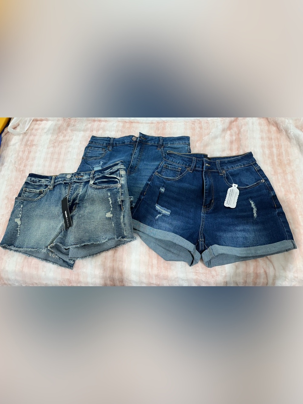 Set of 3 Fashion Nova Distressed Denim Shorts Trio - Dark & Light Blue